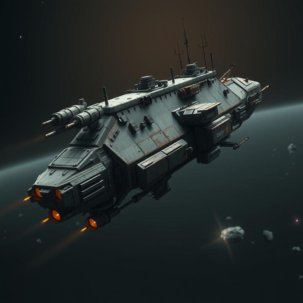 A heavily armed space hauler floating in deep space, inspired by classic sci-fi series like Firefly and Farscape