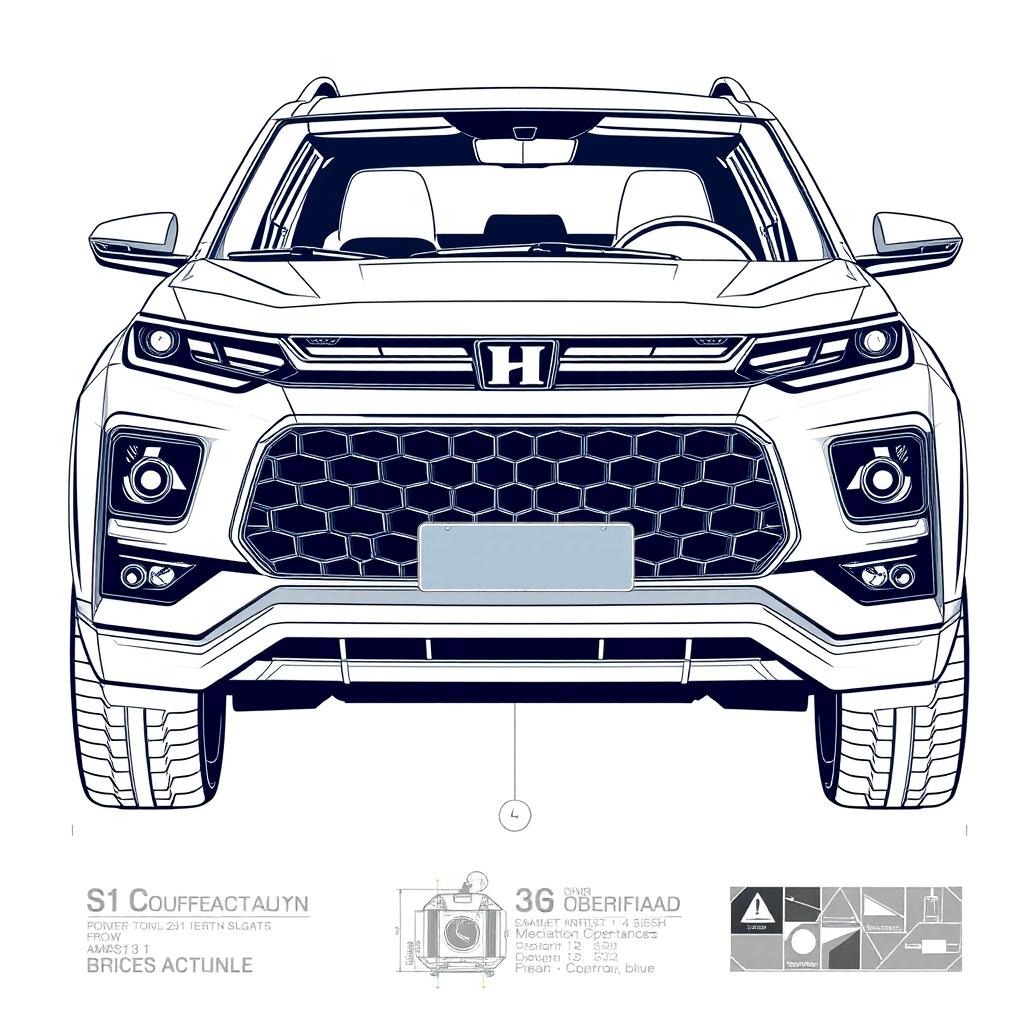 A detailed front blueprint illustration of a compact SUV featuring a squared and sporty bumper design, large sharp headlights, and a squared honeycomb grille