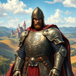 A powerful-looking medieval guardsman clad in intricately detailed full plate armor, showcasing a blend of strength and nobility