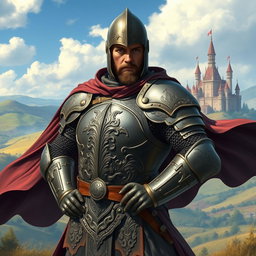 A powerful-looking medieval guardsman clad in intricately detailed full plate armor, showcasing a blend of strength and nobility