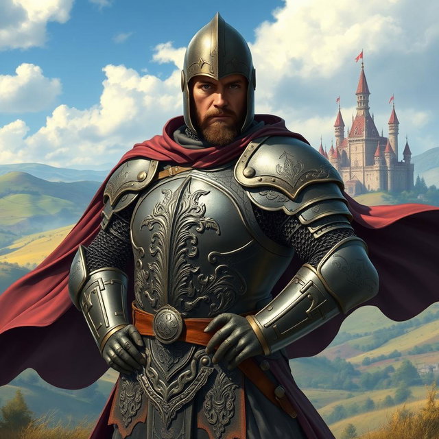 A powerful-looking medieval guardsman clad in intricately detailed full plate armor, showcasing a blend of strength and nobility