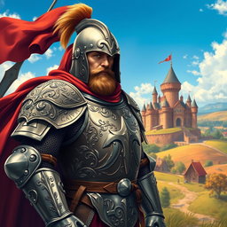 A powerful-looking medieval guardsman clad in intricately detailed full plate armor, showcasing a blend of strength and nobility