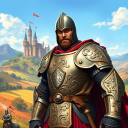A powerful-looking medieval guardsman clad in intricately detailed full plate armor, showcasing a blend of strength and nobility