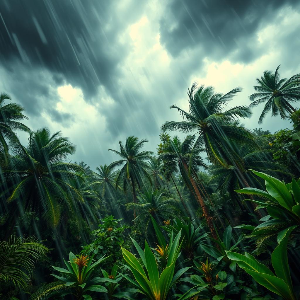 A dramatic and captivating scene depicting a storm in a lush jungle setting