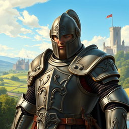 A powerful-looking medieval soldier clad in formidable full plate armor, complete with an intricately designed helmet that adds to his imposing presence