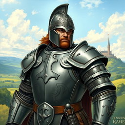 A powerful-looking medieval soldier clad in formidable full plate armor, complete with an intricately designed helmet that adds to his imposing presence