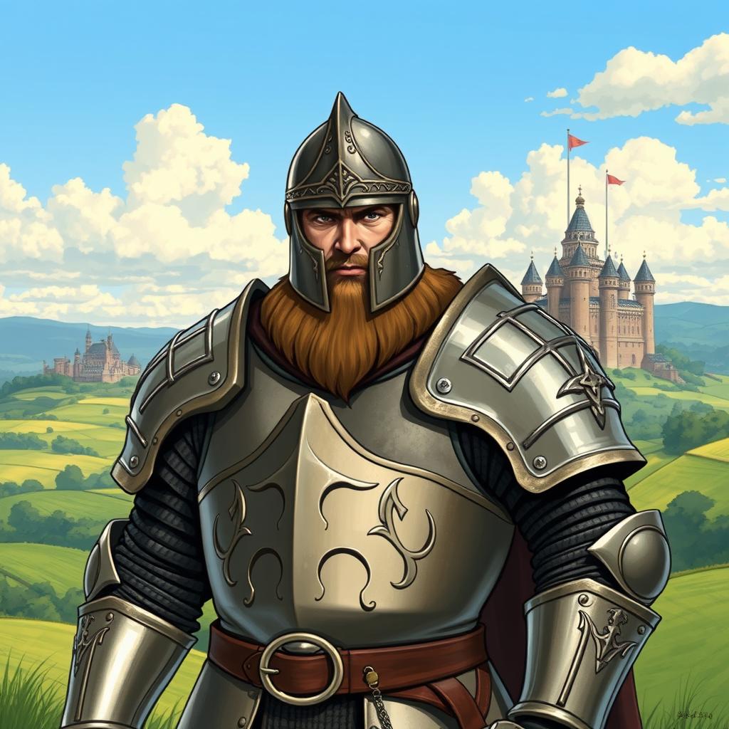 A powerful-looking medieval soldier clad in formidable full plate armor, complete with an intricately designed helmet that adds to his imposing presence