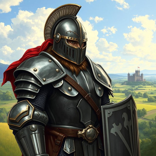 A powerful-looking medieval soldier clad in formidable full plate armor, complete with an intricately designed helmet that adds to his imposing presence
