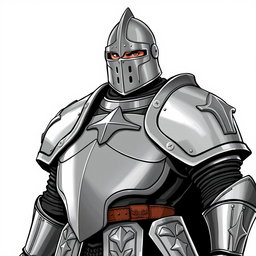 A powerful-looking medieval soldier clad in formidable full plate armor, complete with a full-face helmet that conceals his features, enhancing his intimidating presence