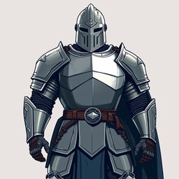 A powerful-looking medieval soldier clad in formidable full plate armor, complete with a full-face helmet that conceals his features, enhancing his intimidating presence