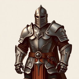 A powerful-looking medieval soldier clad in formidable full plate armor, complete with a full-face helmet that conceals his features, enhancing his intimidating presence