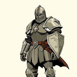 A powerful-looking medieval soldier clad in formidable full plate armor, complete with a full-face helmet that conceals his features, enhancing his intimidating presence