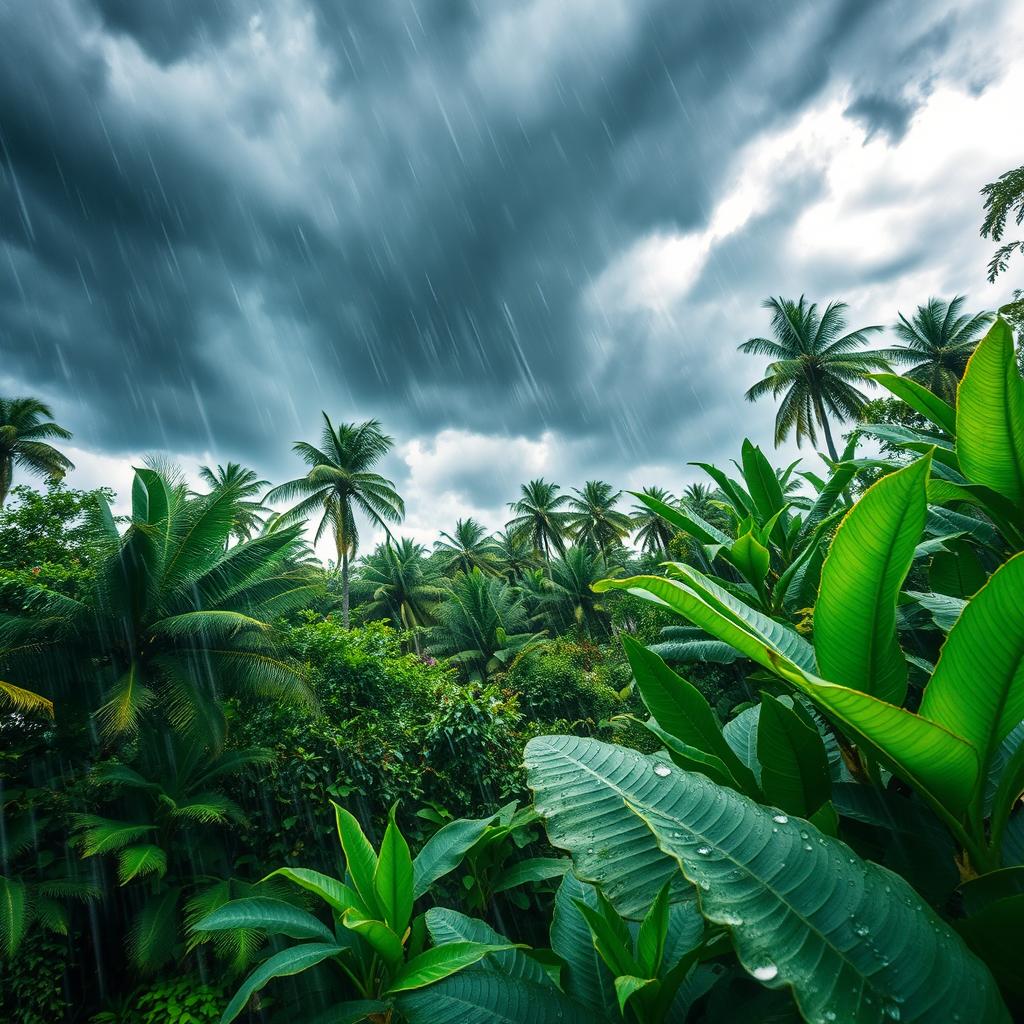 A striking visual of a tumultuous storm affecting a dense jungle landscape