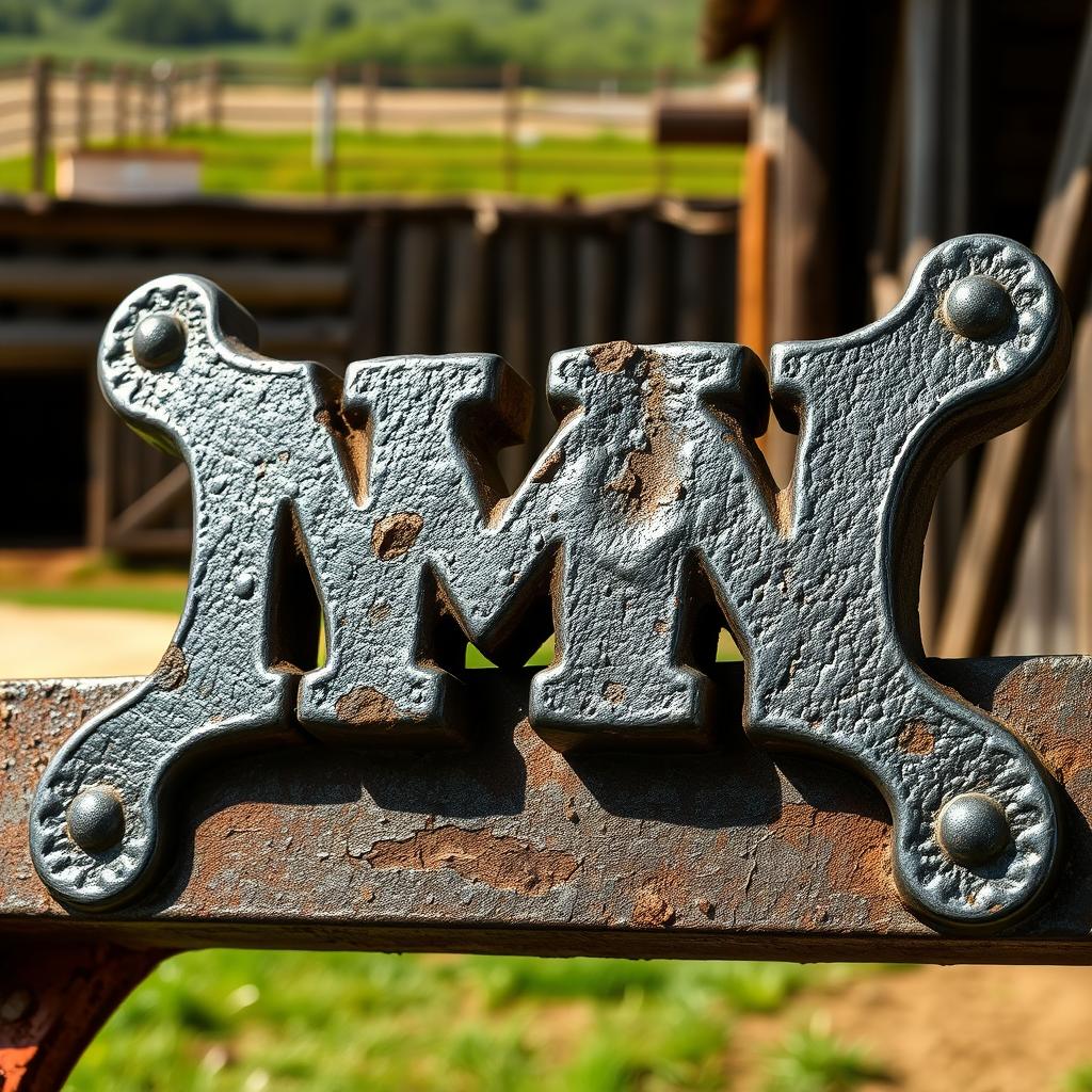A detailed depiction of a traditional Spanish cattle brand iron with the letters 'NM' incorporated into the design