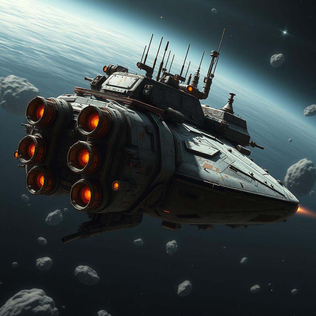 A heavily armed space hauler floating in deep space, inspired by classic sci-fi series like Firefly and Farscape