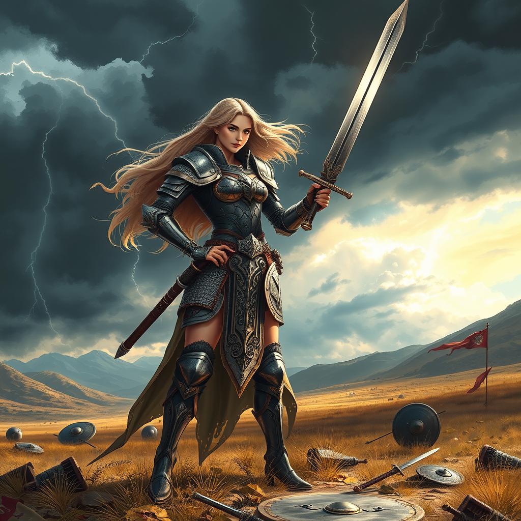 A fierce female warrior dressed in intricately detailed armor, standing confidently in a dynamic pose on a battlefield