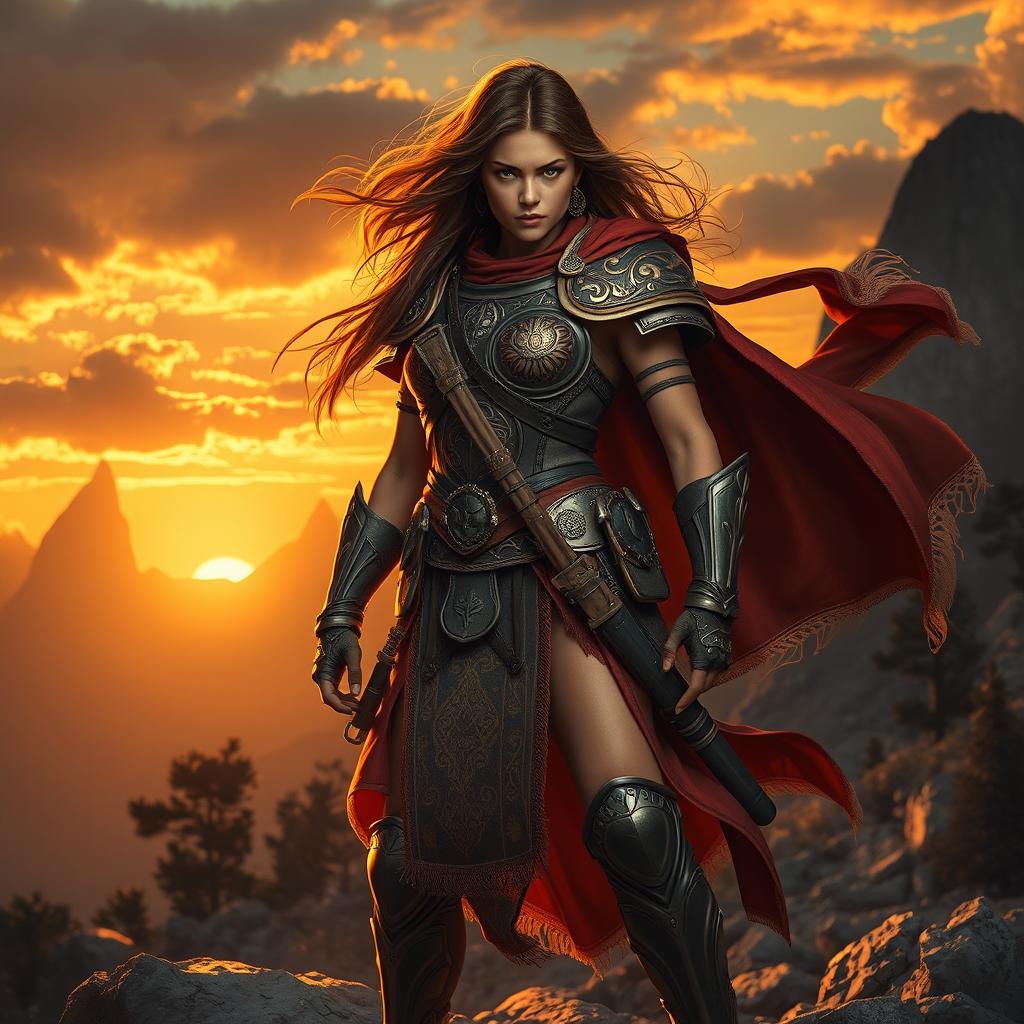 A powerful female warrior, dressed in intricate armor adorned with colorful patterns, standing boldly atop a rocky landscape
