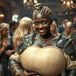 In a medieval tavern bustling with atmosphere, numerous mature blonde prostitutes with large breasts engage in lively conversation