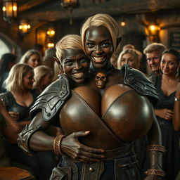 In a medieval tavern bustling with atmosphere, numerous mature blonde prostitutes with large breasts engage in lively conversation