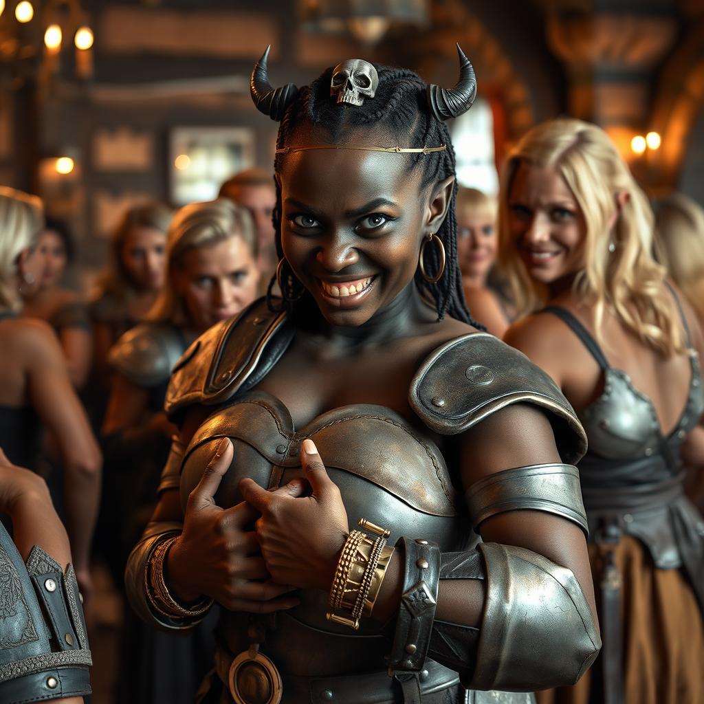 In a medieval tavern bustling with atmosphere, numerous mature blonde prostitutes with large breasts engage in lively conversation