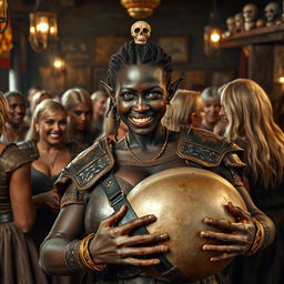 In a medieval tavern bustling with atmosphere, numerous mature blonde prostitutes with large breasts engage in lively conversation