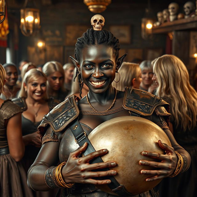 In a medieval tavern bustling with atmosphere, numerous mature blonde prostitutes with large breasts engage in lively conversation