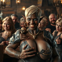 In a lively medieval tavern bustling with atmosphere, various older blonde prostitutes with large breasts are engaged in chatter and laughter