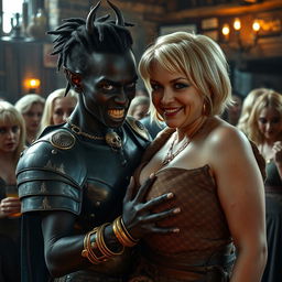 In a lively medieval tavern teeming with atmosphere, numerous older blonde prostitutes with large breasts socialize in the background