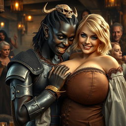 In a lively medieval tavern teeming with atmosphere, numerous older blonde prostitutes with large breasts socialize in the background