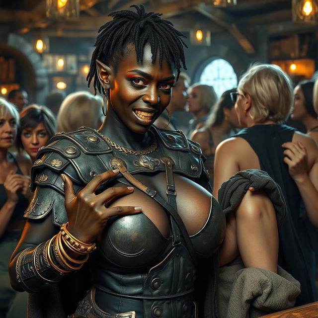 In a lively medieval tavern teeming with atmosphere, numerous older blonde prostitutes with large breasts socialize in the background