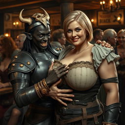 In a lively medieval tavern teeming with atmosphere, numerous older blonde prostitutes with large breasts socialize in the background