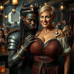 In a bustling medieval tavern filled with older blonde prostitutes with large breasts, the scene is vibrant and lively