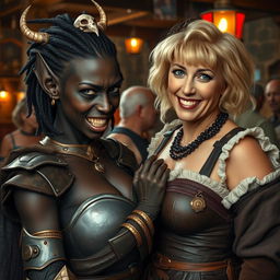 In a bustling medieval tavern filled with older blonde prostitutes with large breasts, the scene is vibrant and lively