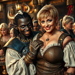 In a bustling medieval tavern filled with older blonde prostitutes with large breasts, the scene is vibrant and lively