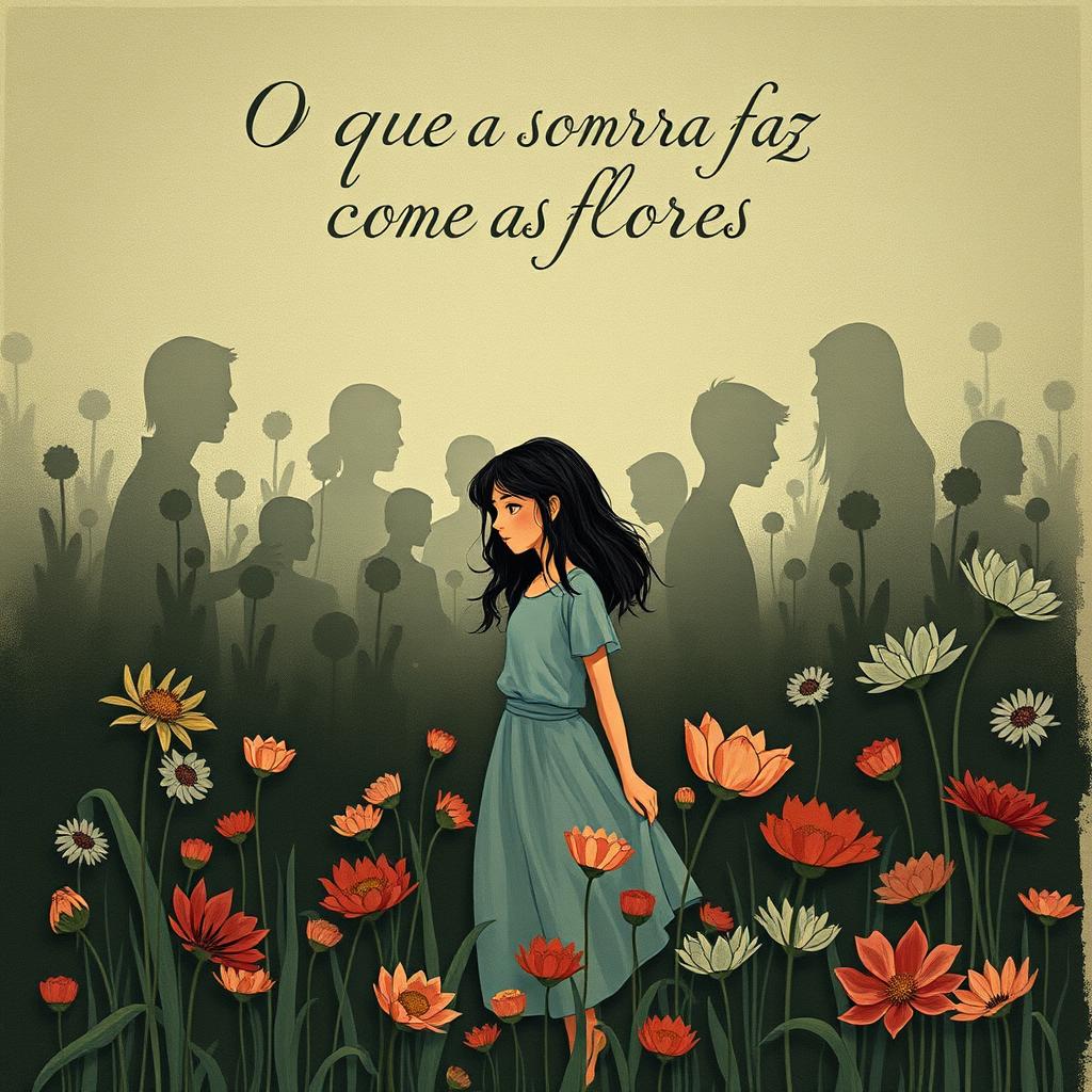 A poignant book cover for 'O que a sombra faz com as flores', featuring a female protagonist standing in a garden filled with wilting flowers, symbolizing her grief