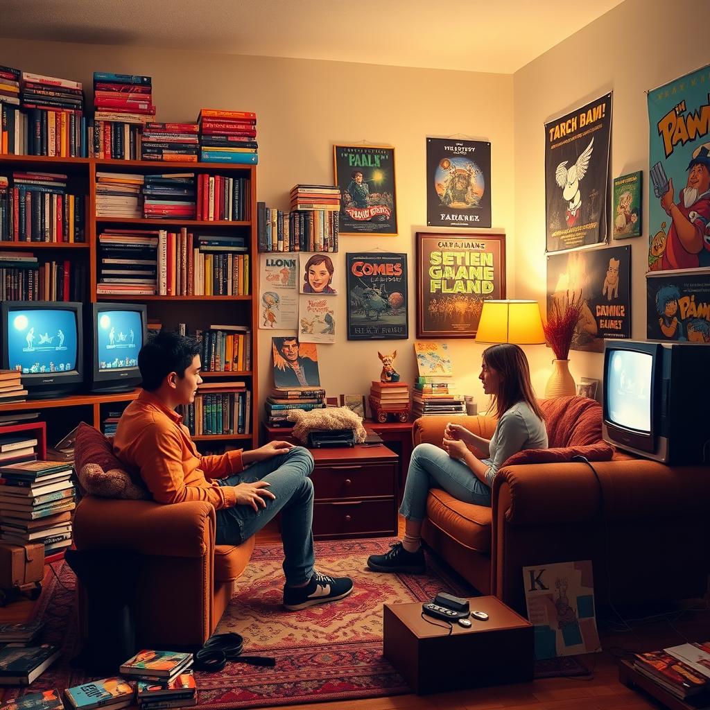 A cozy living room scene with two people, one male and one female, sitting on a vintage-style sofa, engaged in an exciting game on an old retro console connected to a classic tube TV