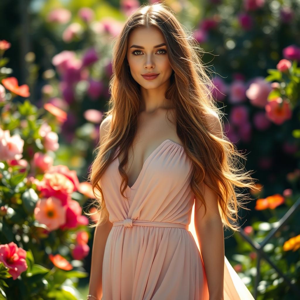A beautiful woman with long flowing hair, dressed in an elegant flowing dress, standing in a sunlit garden surrounded by blooming flowers, with a serene expression, the sunlight casting soft shadows on her face