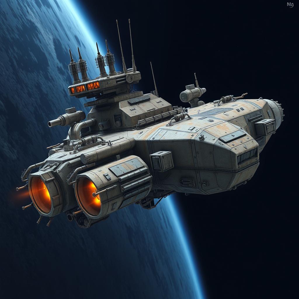 A heavily armed space hauler floating in deep space, influenced by classic sci-fi series like Firefly and Farscape