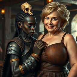 Inside a medieval tavern, a diminutive and emaciated young African woman, about 30 years old, showcases her very dark skin, anemic eyes, and a demonic, monstrous visage
