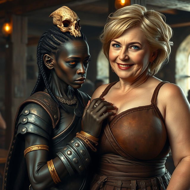 Inside a medieval tavern, a diminutive and emaciated young African woman, about 30 years old, showcases her very dark skin, anemic eyes, and a demonic, monstrous visage