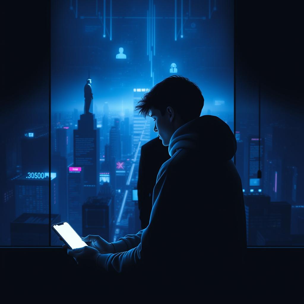A dark and modern movie poster representing the youth of the digital age, featuring a young man in a hoodie sitting alone in a dimly lit room, illuminated solely by the cold glow of a cell phone