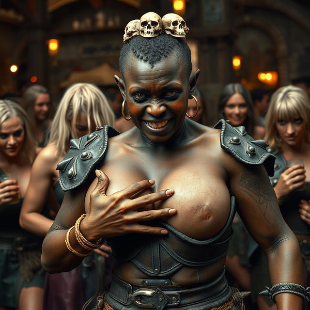 In a bustling medieval tavern filled with aging blonde prostitutes boasting large breasts, a young African woman, only 20 years old, stands out