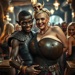 In a medieval tavern bustling with older blonde prostitutes boasting large breasts, a striking young African woman stands out