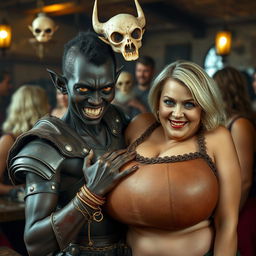 In a medieval tavern bustling with older blonde prostitutes boasting large breasts, a striking young African woman stands out