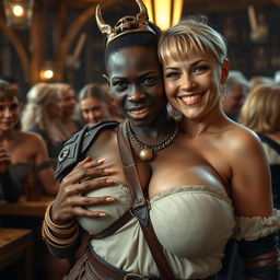 In a lively medieval tavern filled with older blonde prostitutes showcasing large breasts, the scene centers around a striking young African woman, who is very short and severely malnourished at the age of 20