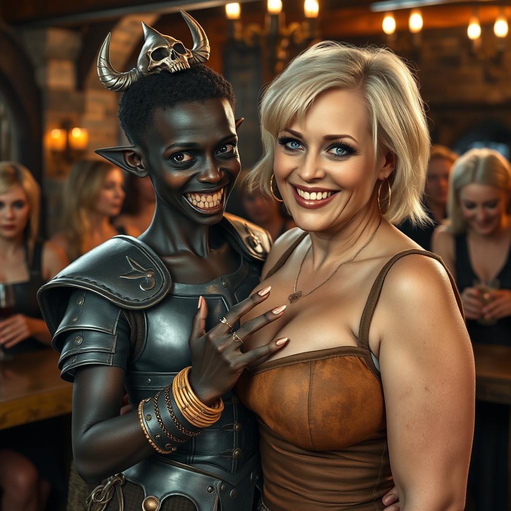 In a lively medieval tavern filled with older blonde prostitutes showcasing large breasts, the scene centers around a striking young African woman, who is very short and severely malnourished at the age of 20