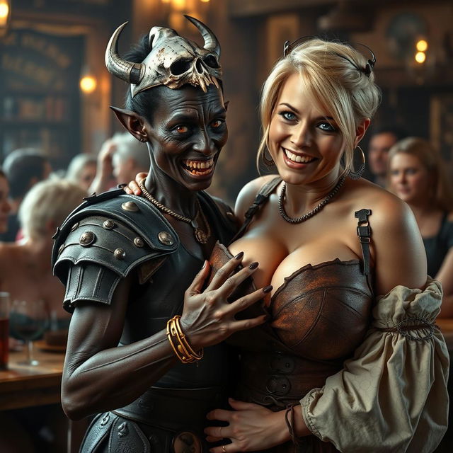 In a lively medieval tavern filled with older blonde prostitutes showcasing large breasts, the scene centers around a striking young African woman, who is very short and severely malnourished at the age of 20