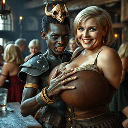 In a lively medieval tavern filled with older blonde prostitutes showcasing large breasts, the scene centers around a striking young African woman, who is very short and severely malnourished at the age of 20