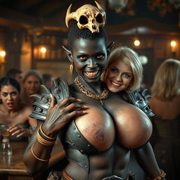 In a vibrant medieval tavern filled with older blonde prostitutes showcasing large breasts, the focus is on a distinct young African woman, noticeably short and malnourished at 20 years old