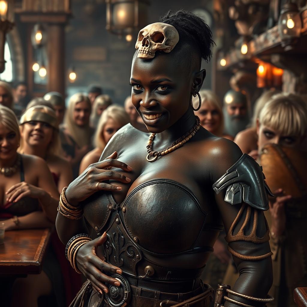 Inside a bustling medieval tavern filled with older blonde prostitutes, all showcasing large breasts, the focus is drawn to a striking young African woman